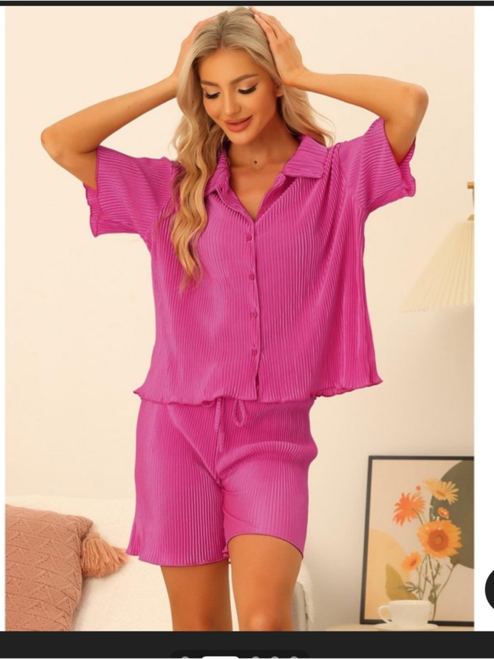 Cheibear Women’s Pink Ribbed Short Pajama Set - Picture 2 of 7